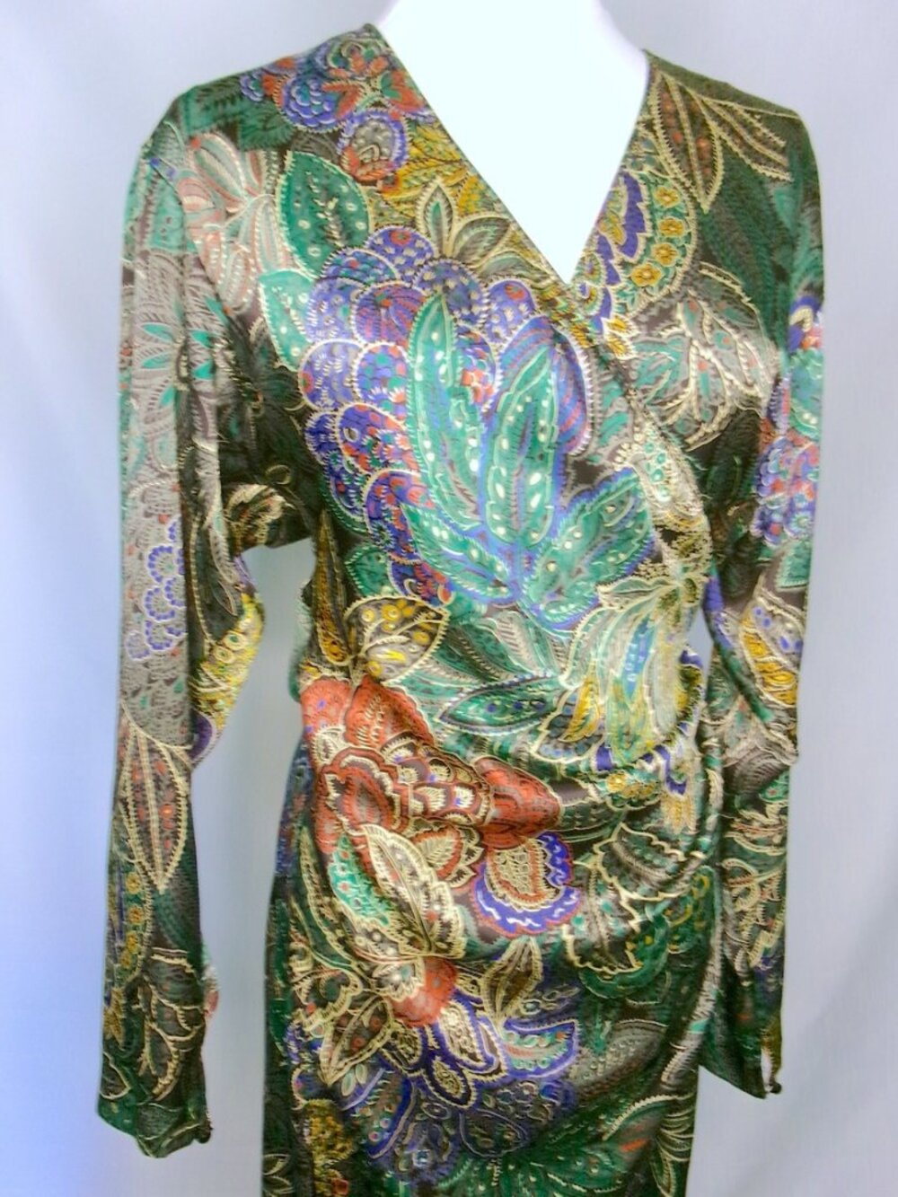 Virgo II 80s Vintage Paisley Wrap Dress Size 10 Silky Long Sleeve USA